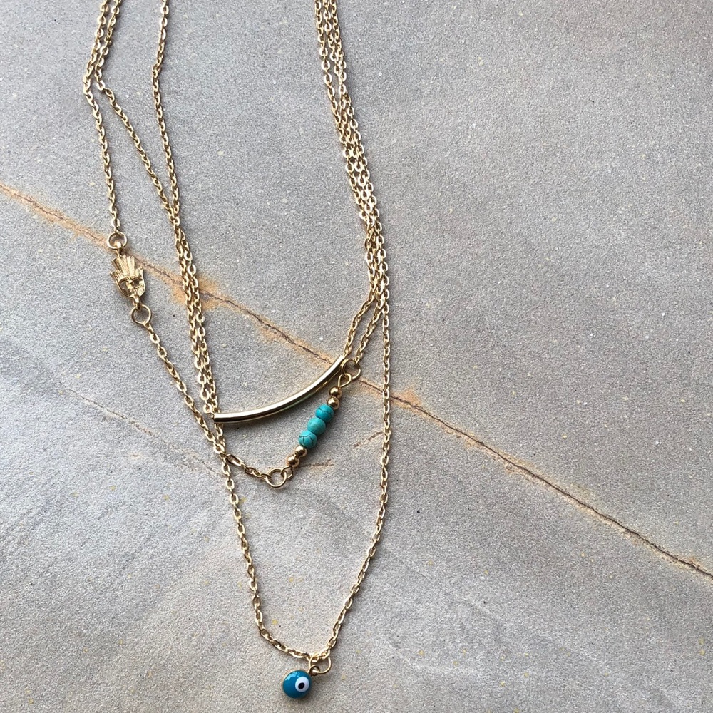 Boho Multi Layer Hamsa Fatima Evil Eye Necklace - Picture 3 of 7